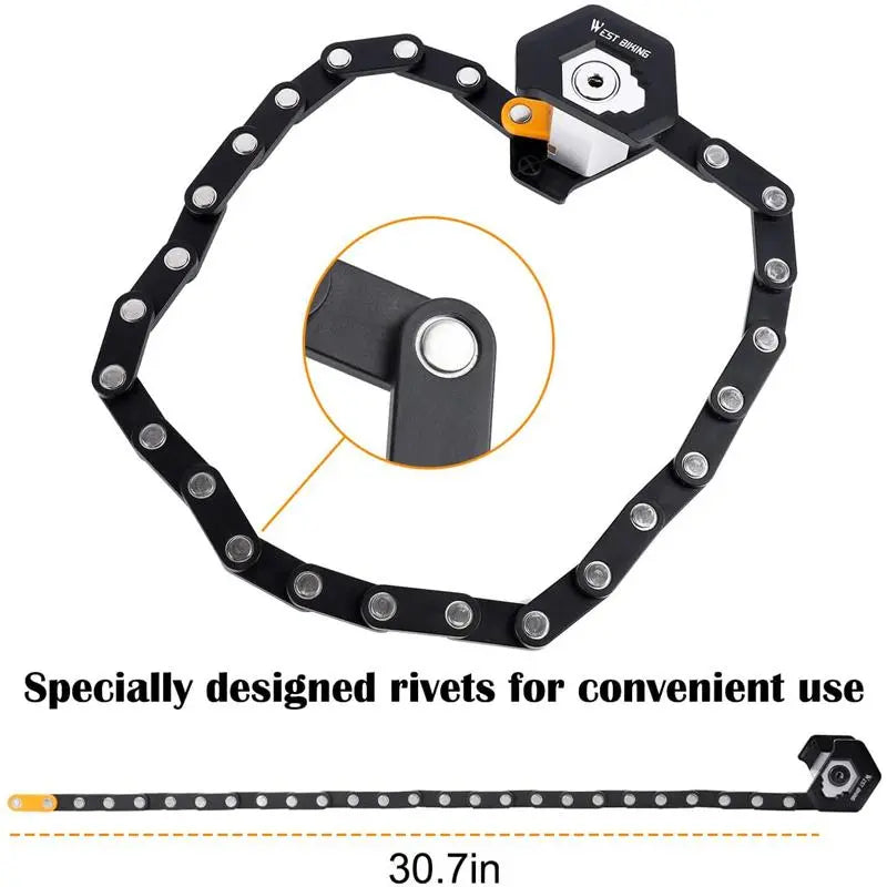 Black metal chain with specially designed rivets on a white background