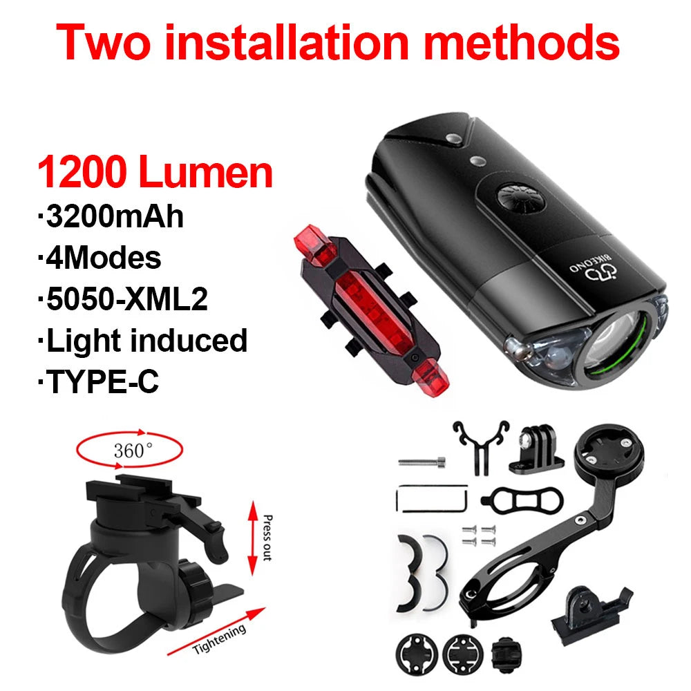 Bicycle light with installation parts and specifications on a white background