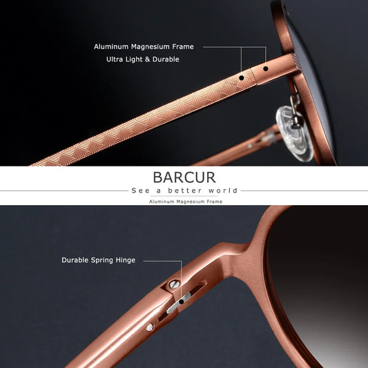 Sunglasses with rose gold frame, highlighting 'Aluminum Magnesium Frame' and 'Durable Spring Hinge', on a dark background.