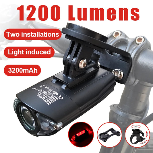 Bicycle light with 1200 lumens and 3200mAh battery, mounted on a bike frame.