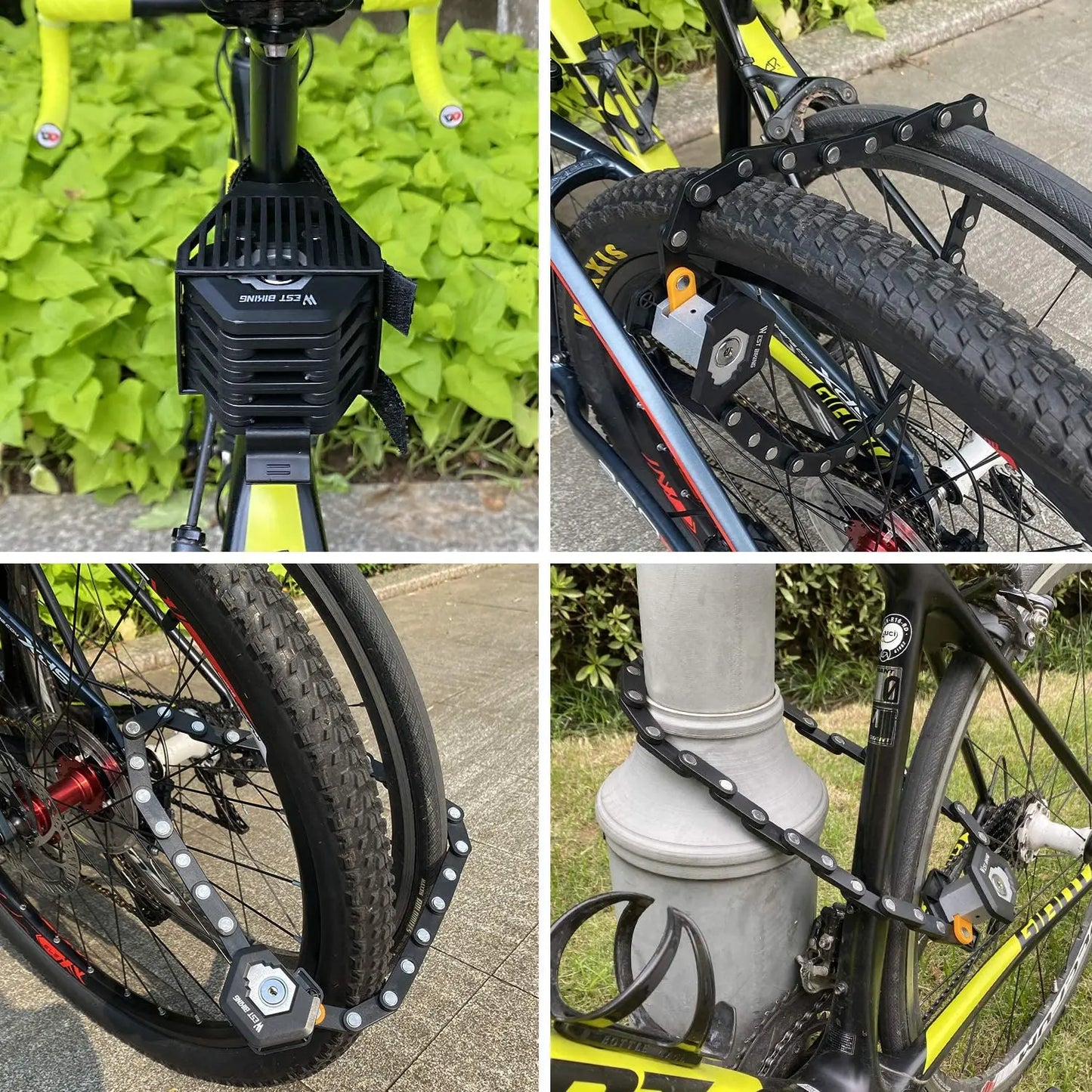 Collage of a bicycle with a chain lock attached, showing different angles and positions.