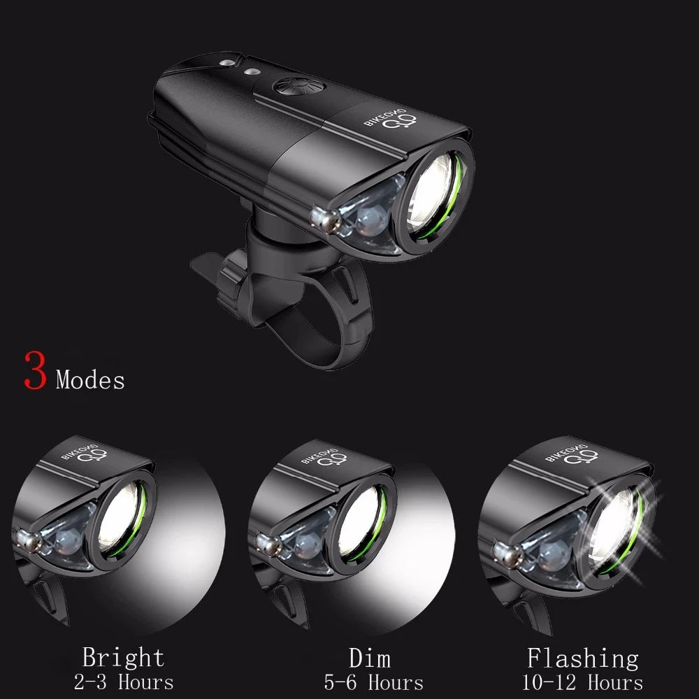 Bicycle light with three mode indicators on a black background