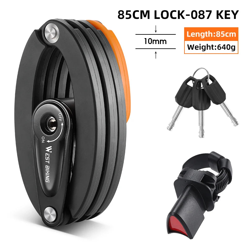 Black and orange bike lock with keys and mounting bracket on a white background