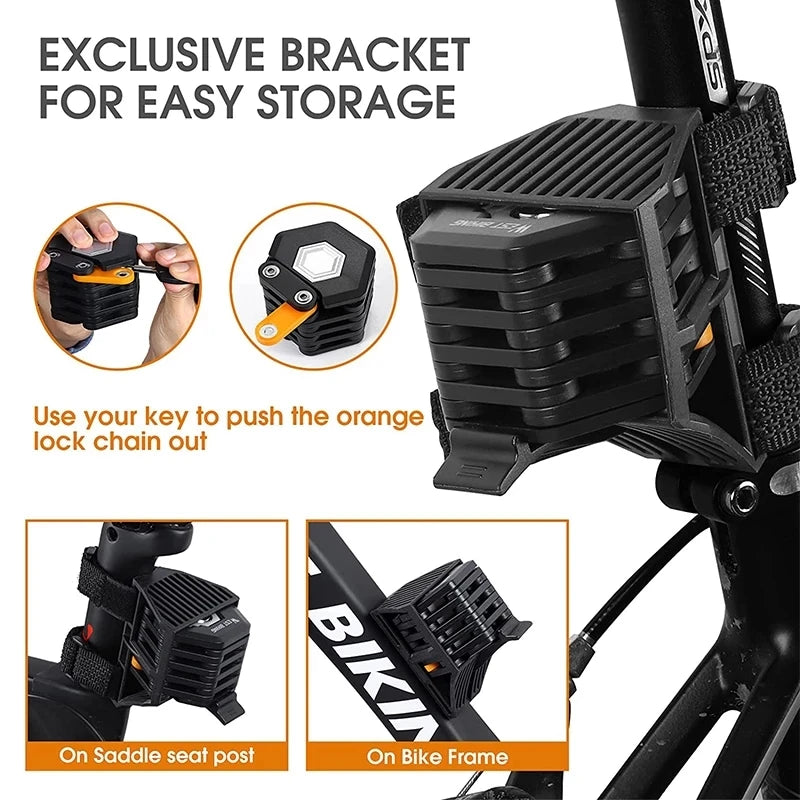 Bicycle bracket with key lock mechanism for easy storage on bike frame and saddle seat post.