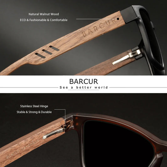Wooden sunglasses with BARCUR branding on a dark background