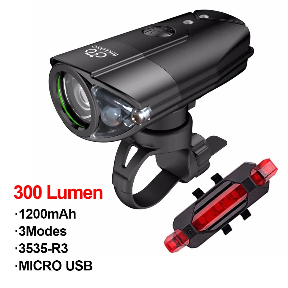 Bicycle light with 300 lumen output, 1200mAh battery, and USB charging capability on a white background.