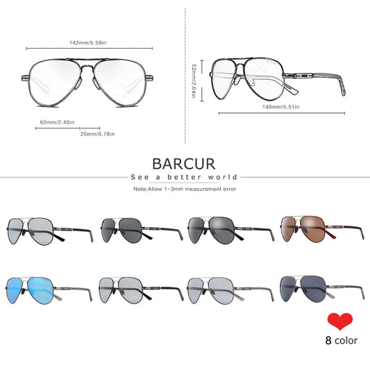 Measurement chart and display of BARCUR sunglasses with various styles and colors.
