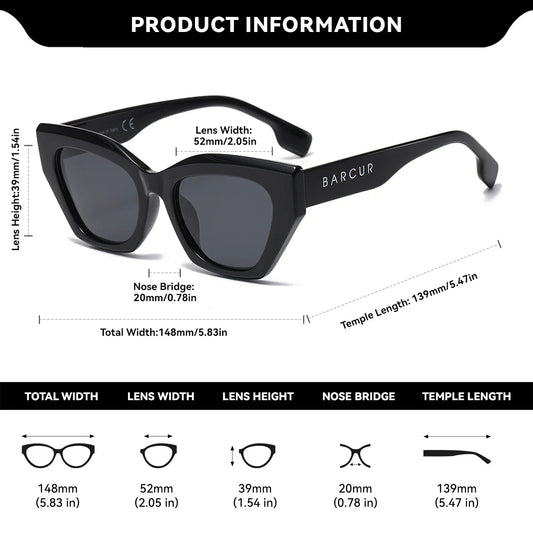 Black sunglasses with measurement details on a white background