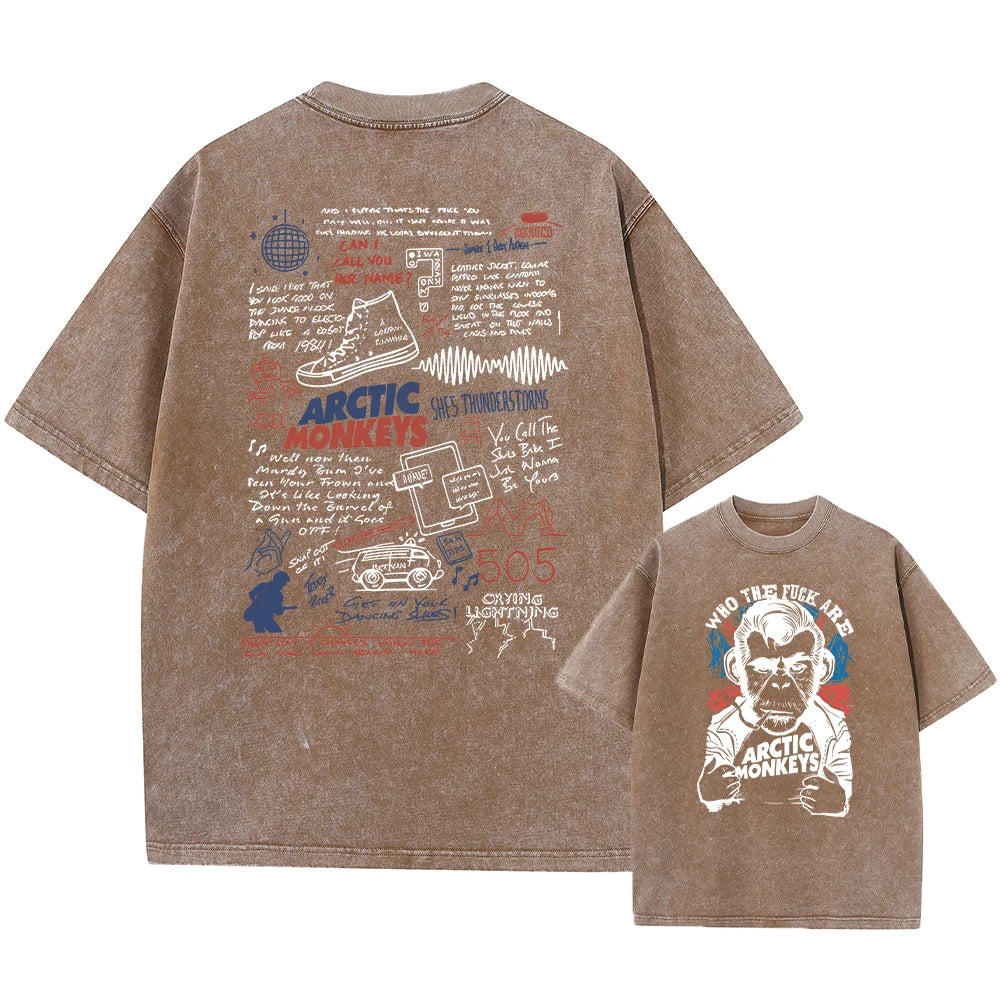 Brown t-shirt with graphic designs and text on a white background