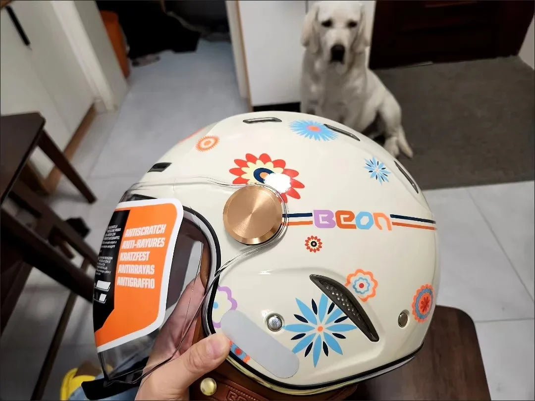 Decorative helmet with colorful designs held by a hand, with a dog in the background.