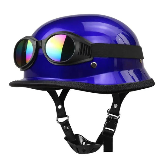 Blue helmet with black goggles on a white background