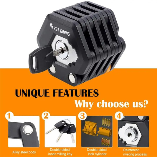 Black lock mechanism with West Biking branding on an orange background