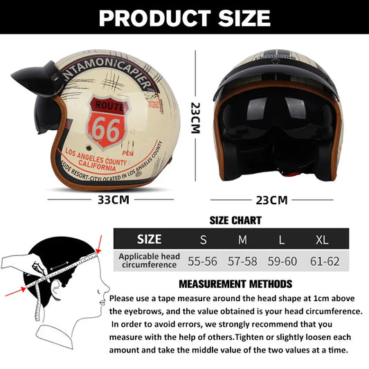 Helmet with size chart and measurement guide on a white background