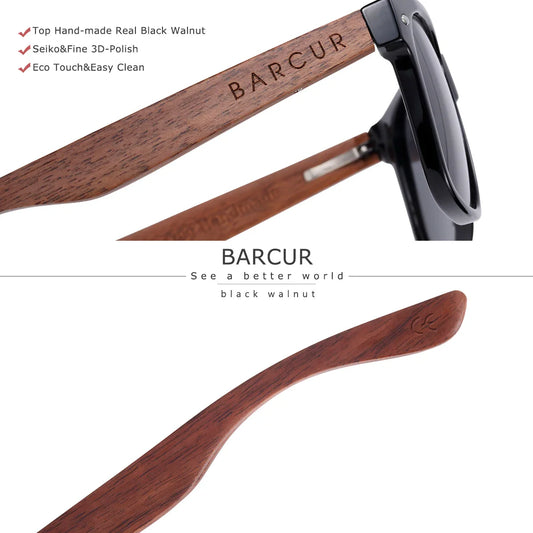 Wooden frame sunglasses and 'BARCUR' branding on a white background.