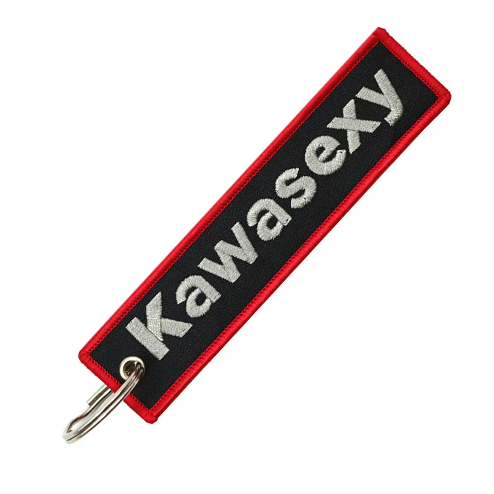 Keychain with 'Kawasexy' text on a black background with red border