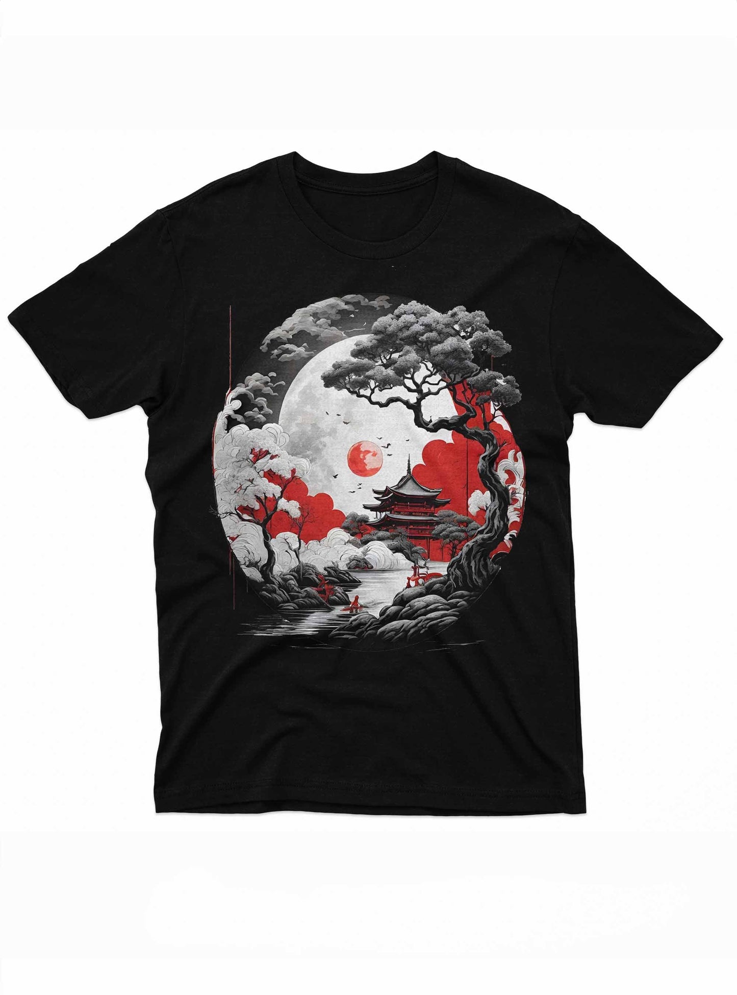 Black t-shirt with a Japanese-style moon and tree design on a white background