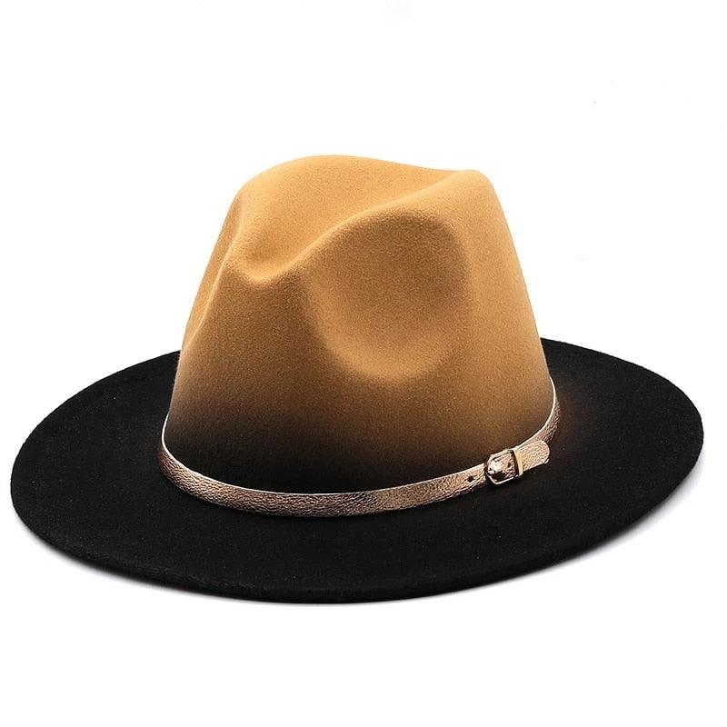 Two-tone hat with a black brim and mustard yellow top on a white background
