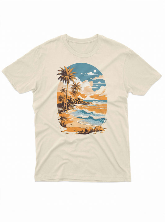 Beige t-shirt with a tropical beach graphic on a white background