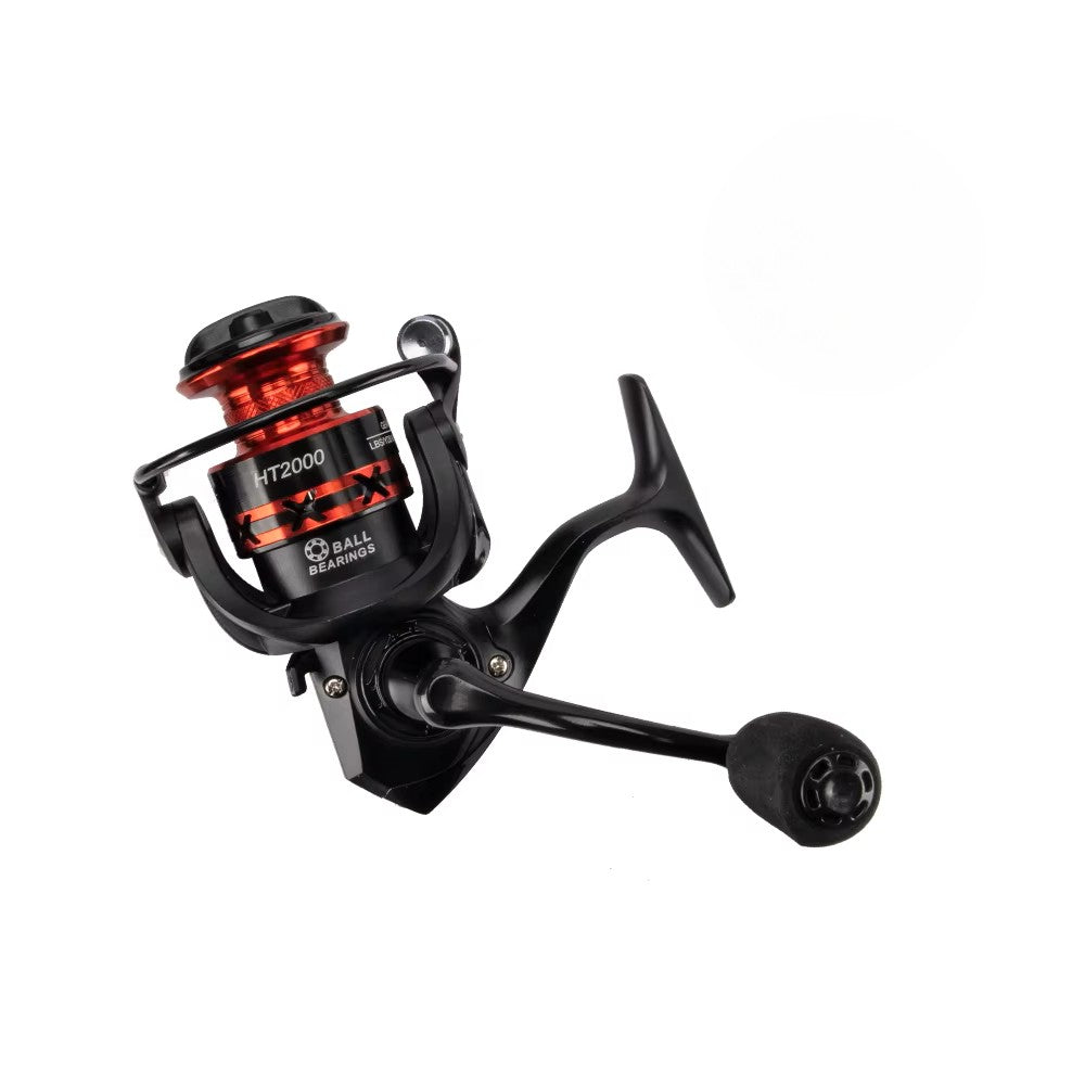 Fishing reel with black and orange design on a white background