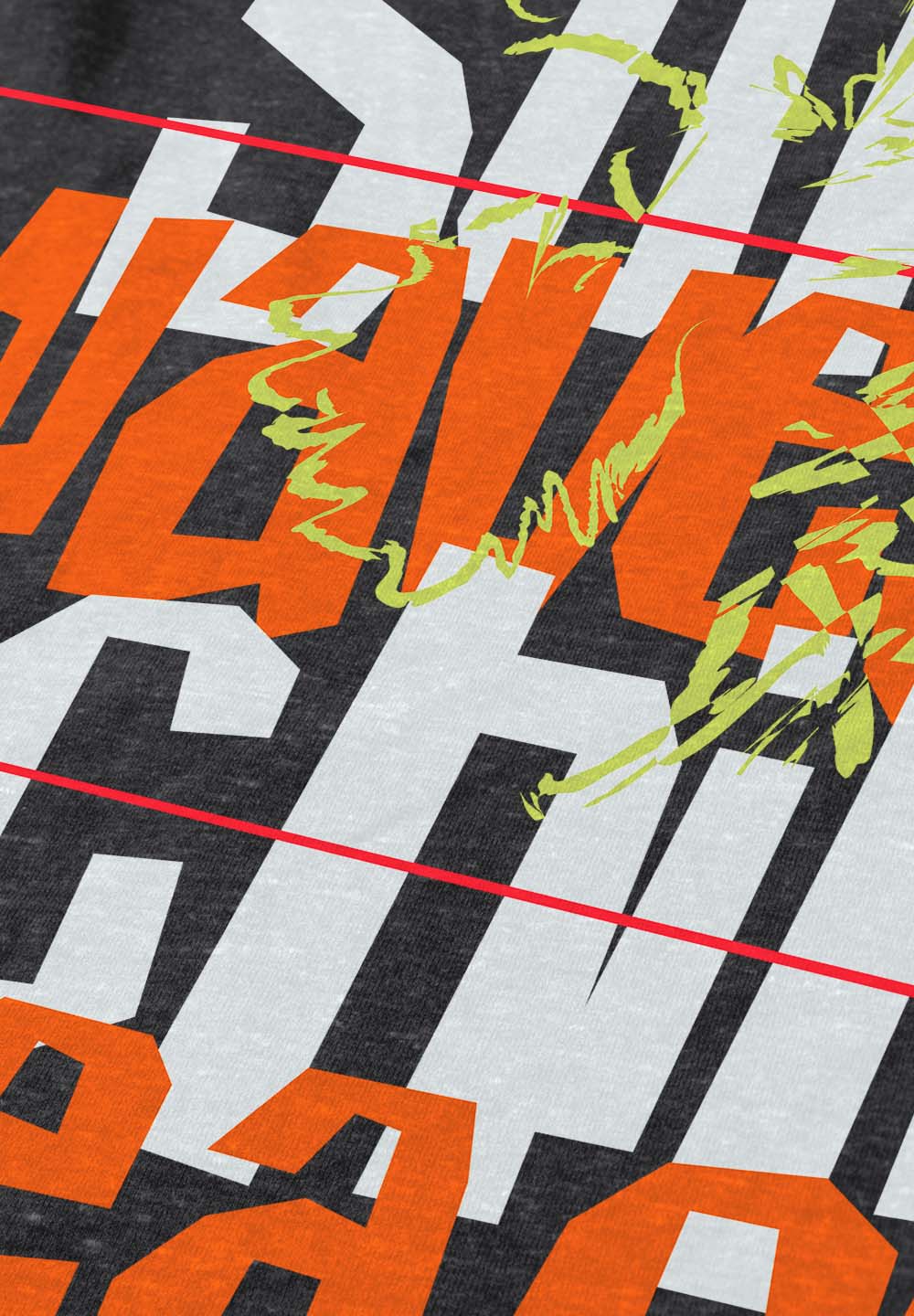 Textured fabric with orange, white, and green patterns on a black background