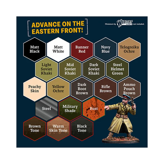 Color chart for miniature painting with hexagonal color swatches and a figure on a blue background.