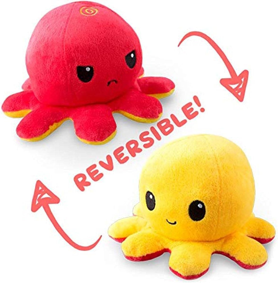 Red and yellow reversible plush octopus toy on a white background
