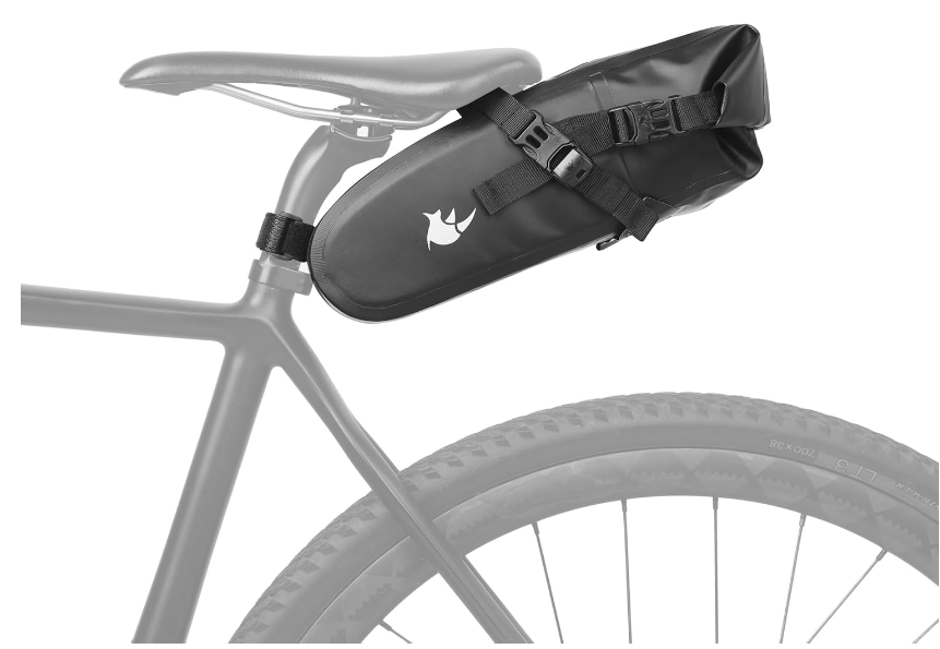 Black bike seat bag attached to a bicycle seat on a white background