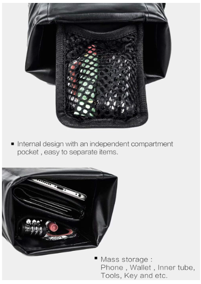 Black bike bag with an independent compartment pocket and mass storage features on a white background.