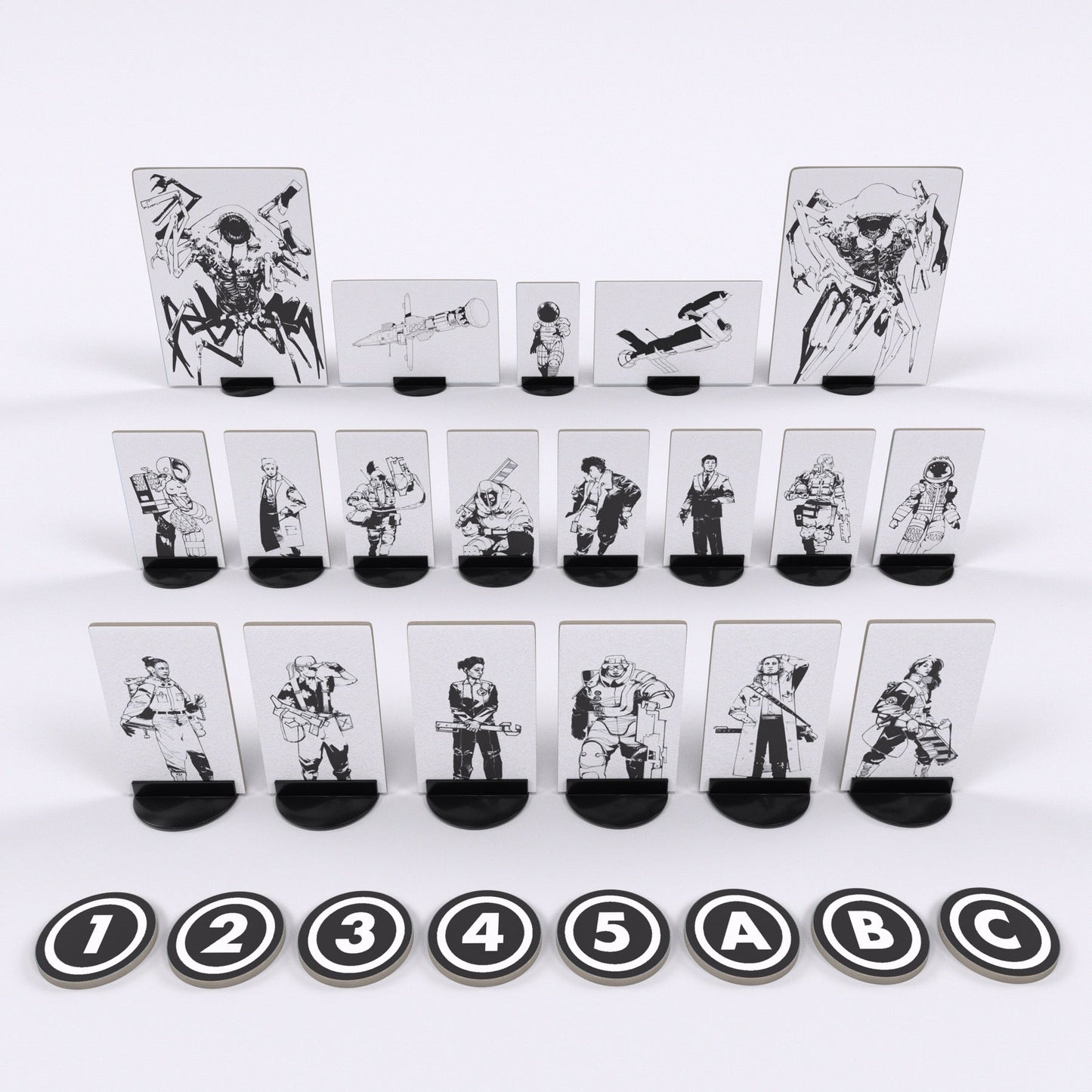 Set of black and white playing cards with illustrations on a white background