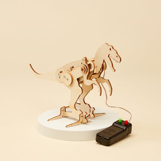 Wooden mechanical horse model with remote control on a beige background