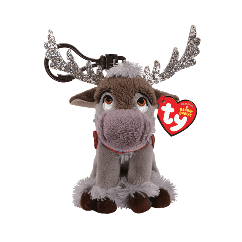 Plush reindeer toy with glittery antlers and Ty brand tag on a white background