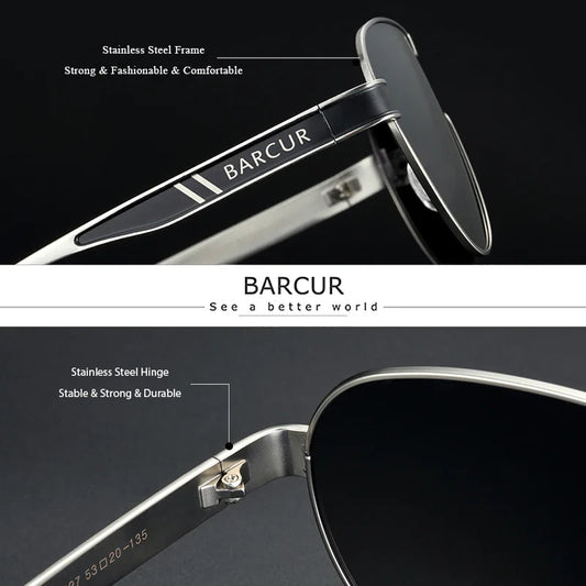 Barcur sunglasses with highlighted features on a dark background