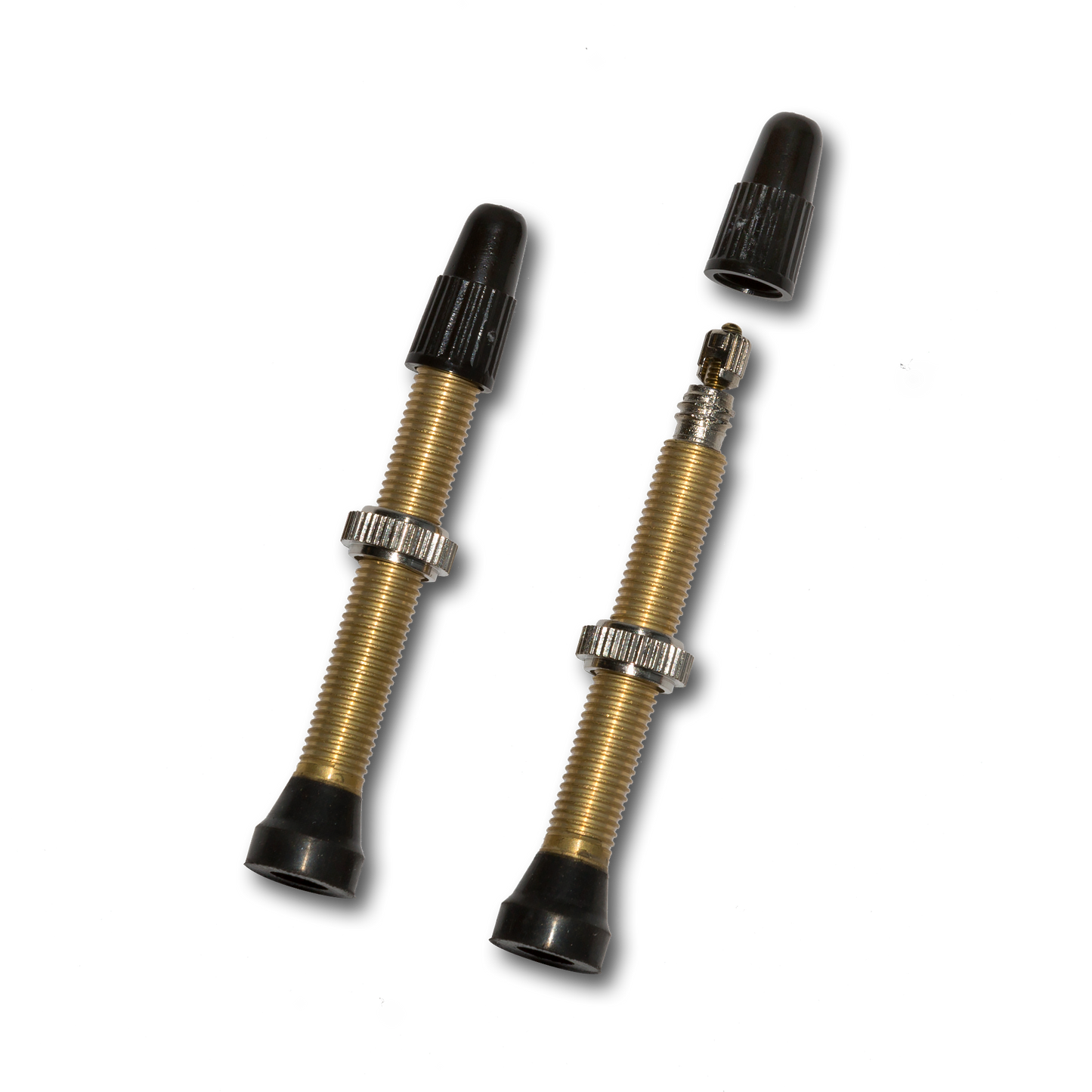 Two bicycle valve stems with black and brass components on a white background