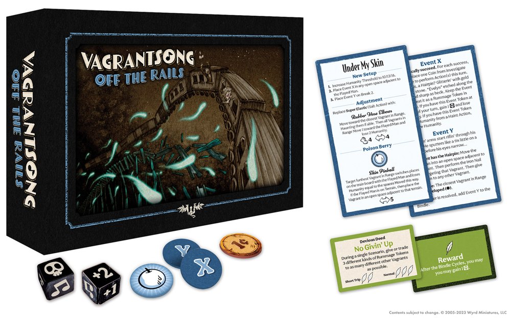 Board game box for 'Vagrantsong: Off the Rails' with game components including cards and dice.