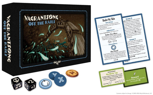 Board game box for 'Vagrantsong: Off the Rails' with game components including cards and dice.