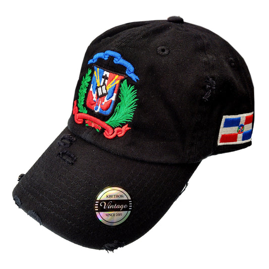 Black cap with embroidered Dominican Republic design and flag patch on a white background