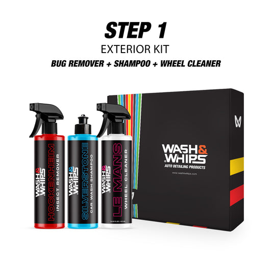 Wash & Whips exterior car care kit with bottles and packaging on a white background