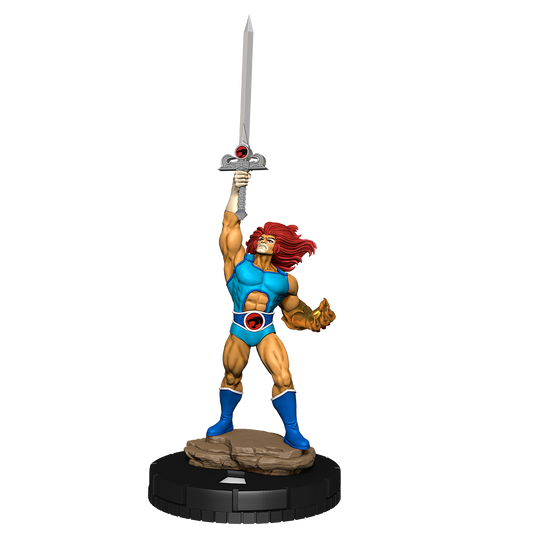 Statue of a superhero character with red hair, blue outfit, and sword on a white background
