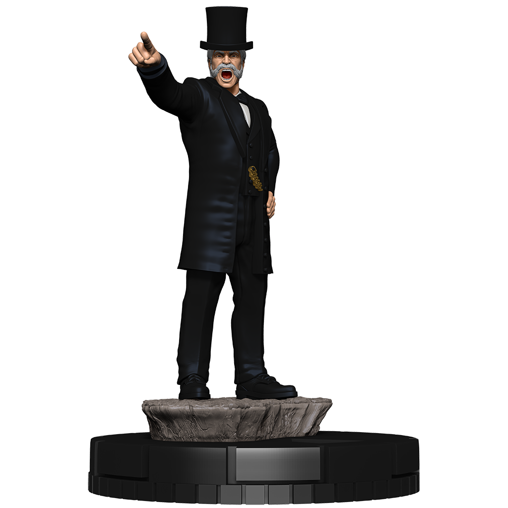 Statue of a man in a black suit and top hat on a white background