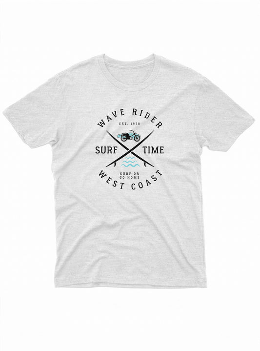 White t-shirt with black graphic design on a white background