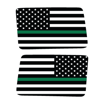 Two American flags with a thin green line on a white background