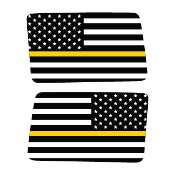 Two American flags with a thin yellow stripe on a white background