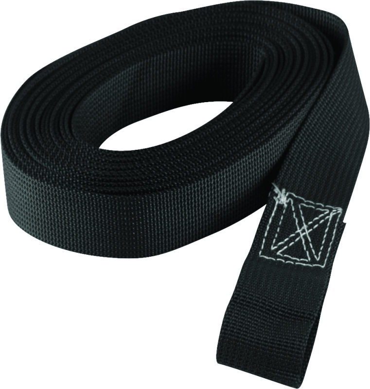 Black tow strap with a white stitching on a white background