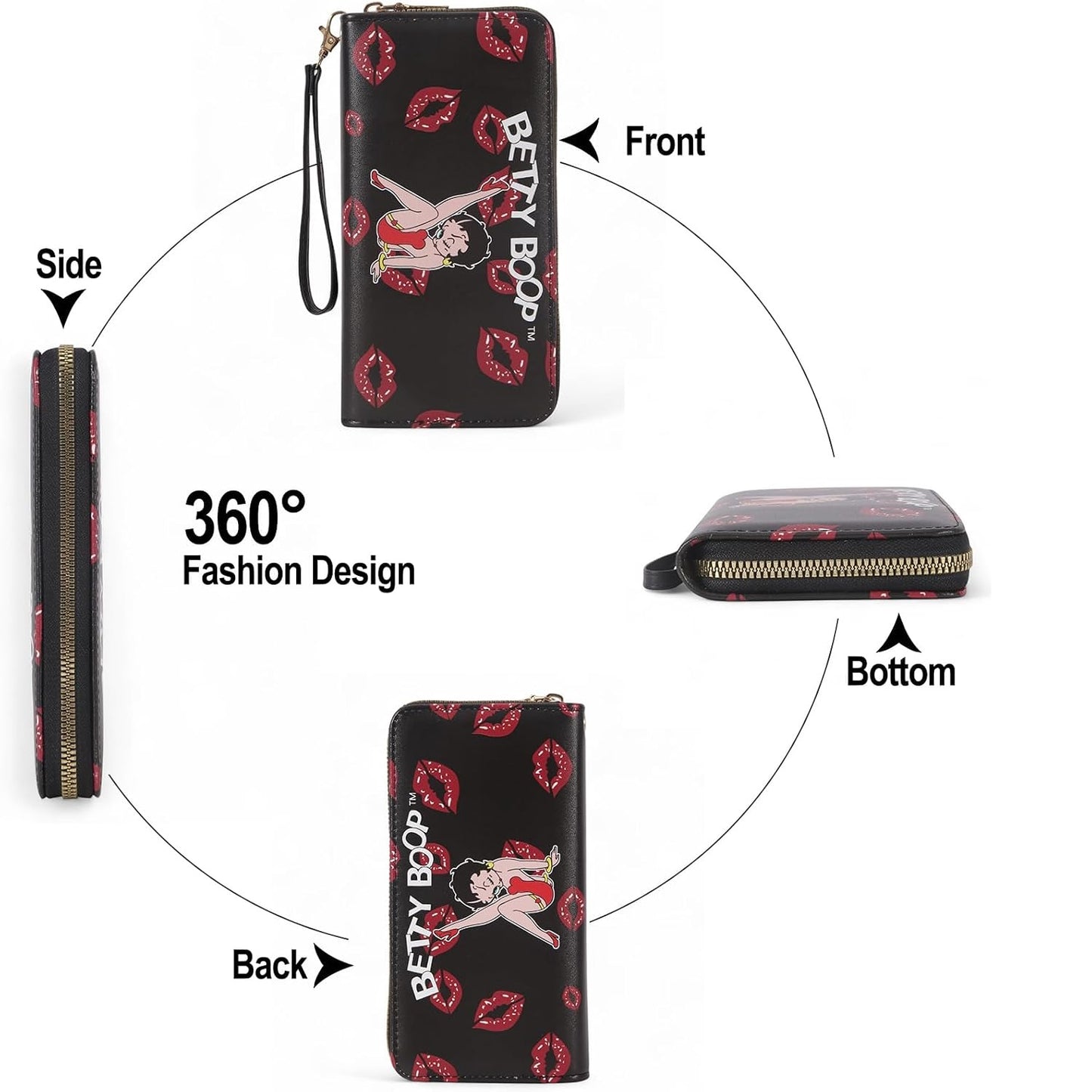 A black zip-around wallet shown from multiple angles with arrows and labels reading Front, Side, Back, and Bottom. The wallet has a repeating red lip print, a Betty Boop character illustration, and white 'Betty Boop' text.