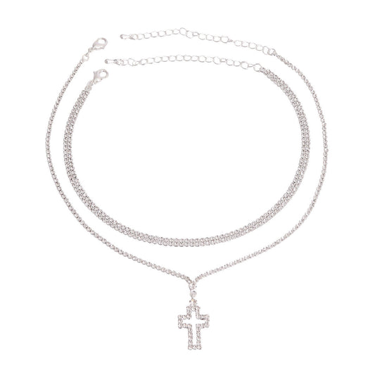 Silver Rhinestone Cross 2 Choker Set