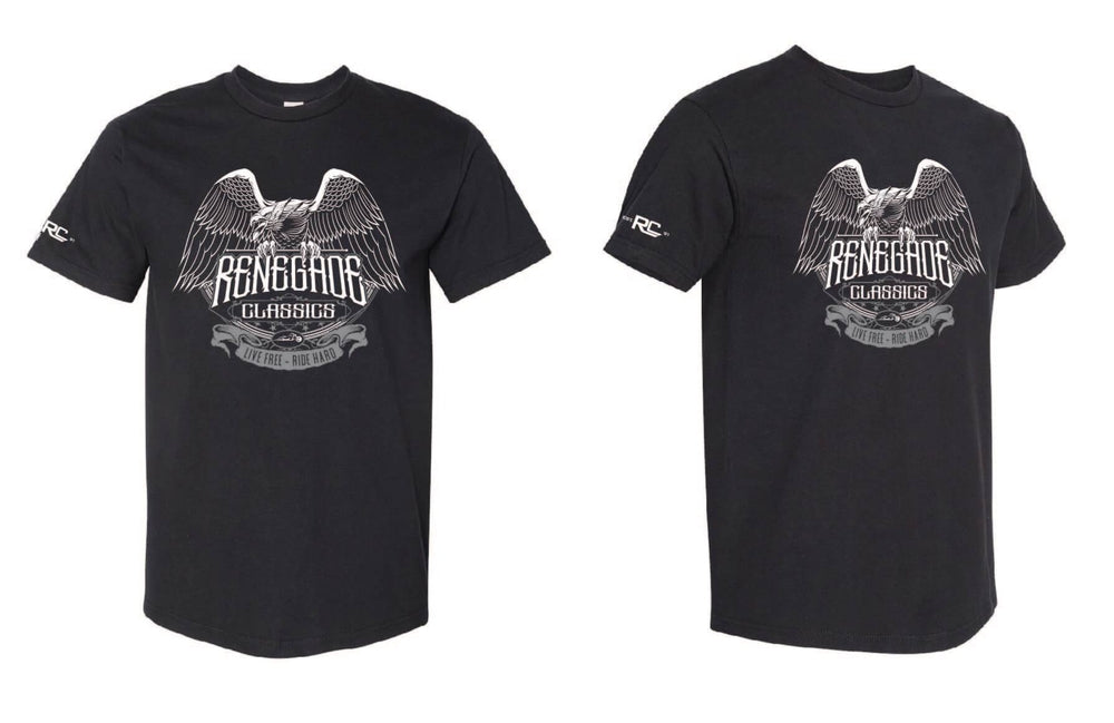 Alternate angles Black crew neck t-shirt with a front print of an eagle and the text 'RENEGADE CLASSICS'.