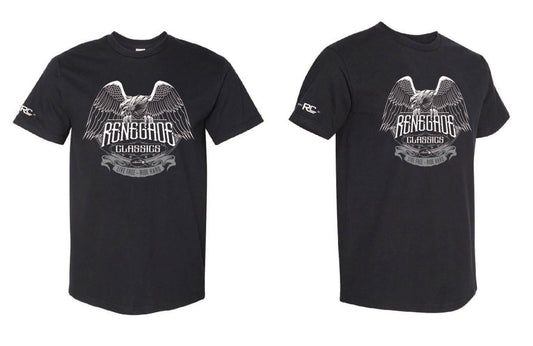 Alternate angles Black crew neck t-shirt with a front print of an eagle and the text 'RENEGADE CLASSICS'.