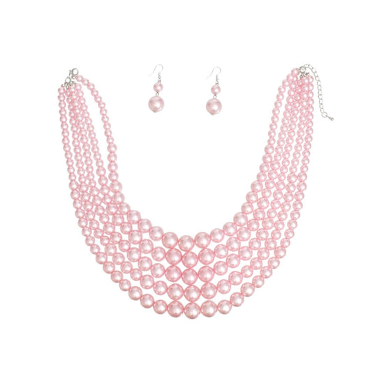Pearl Necklace Pink 5 Strand Set for Women
