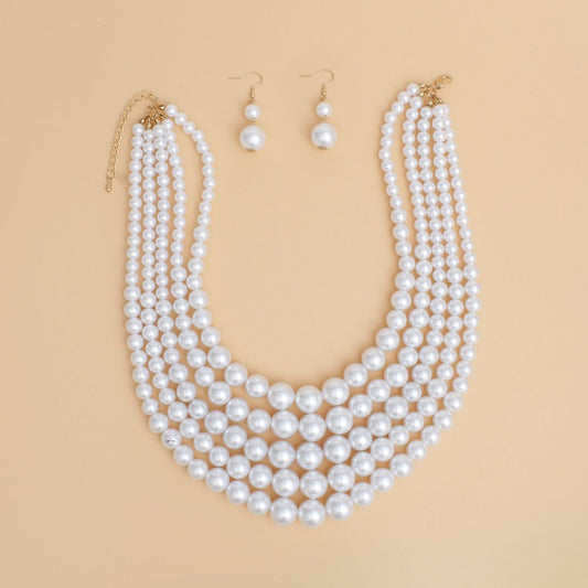 Pearl Necklace White 5 Strand Gold Necklace Set