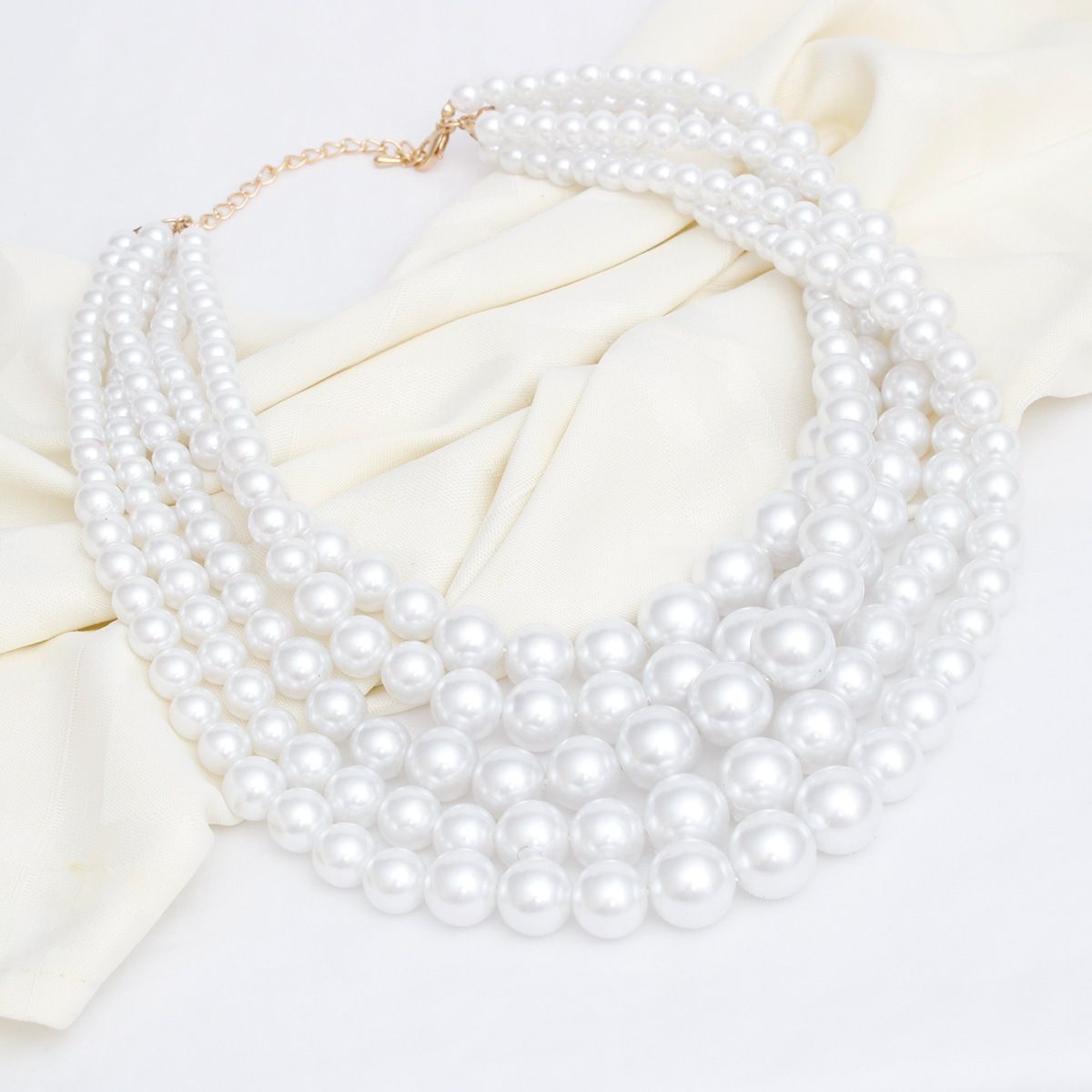 Pearl Necklace White 5 Strand Gold Necklace Set